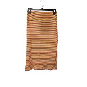 Aerie Pink Brown Striped Ribbed Stretchy Bodycon Side Slit Midi Skirt Size Small